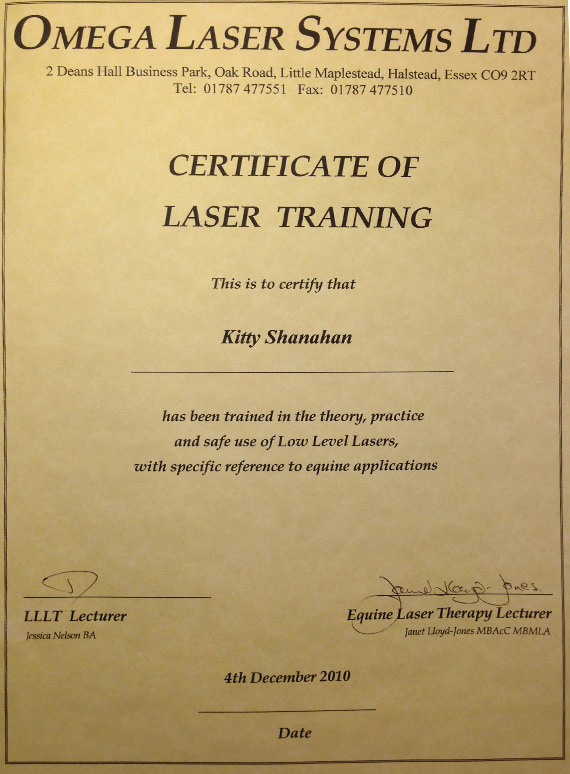 Certificate Of Laser Training - Equine Applications